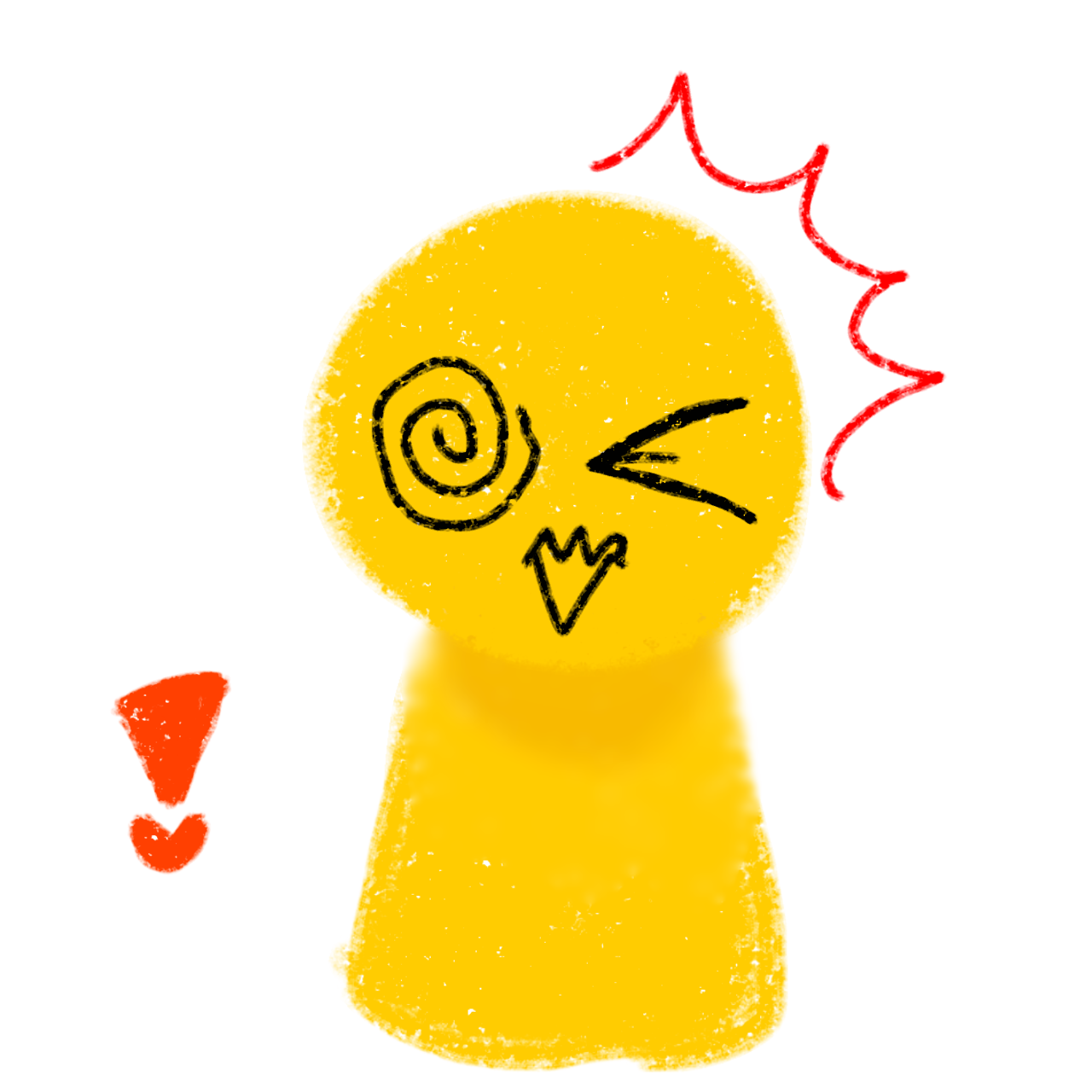  A small, yellow, cartoonish person is depicted. One of its eyes is closed, while the other has a swirling spiral pattern. The creature's mouth is open in a squiggle. There are red exclamation lines above its head, and a white speech bubble with a red exclamation mark inside it.